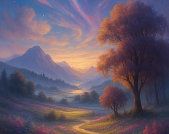 May include: A digital painting depicting a tranquil landscape with a meandering path through a field of wildflowers. The sky is filled with swirling hues of blue, pink, and purple, with mountains in the background and trees in the foreground.