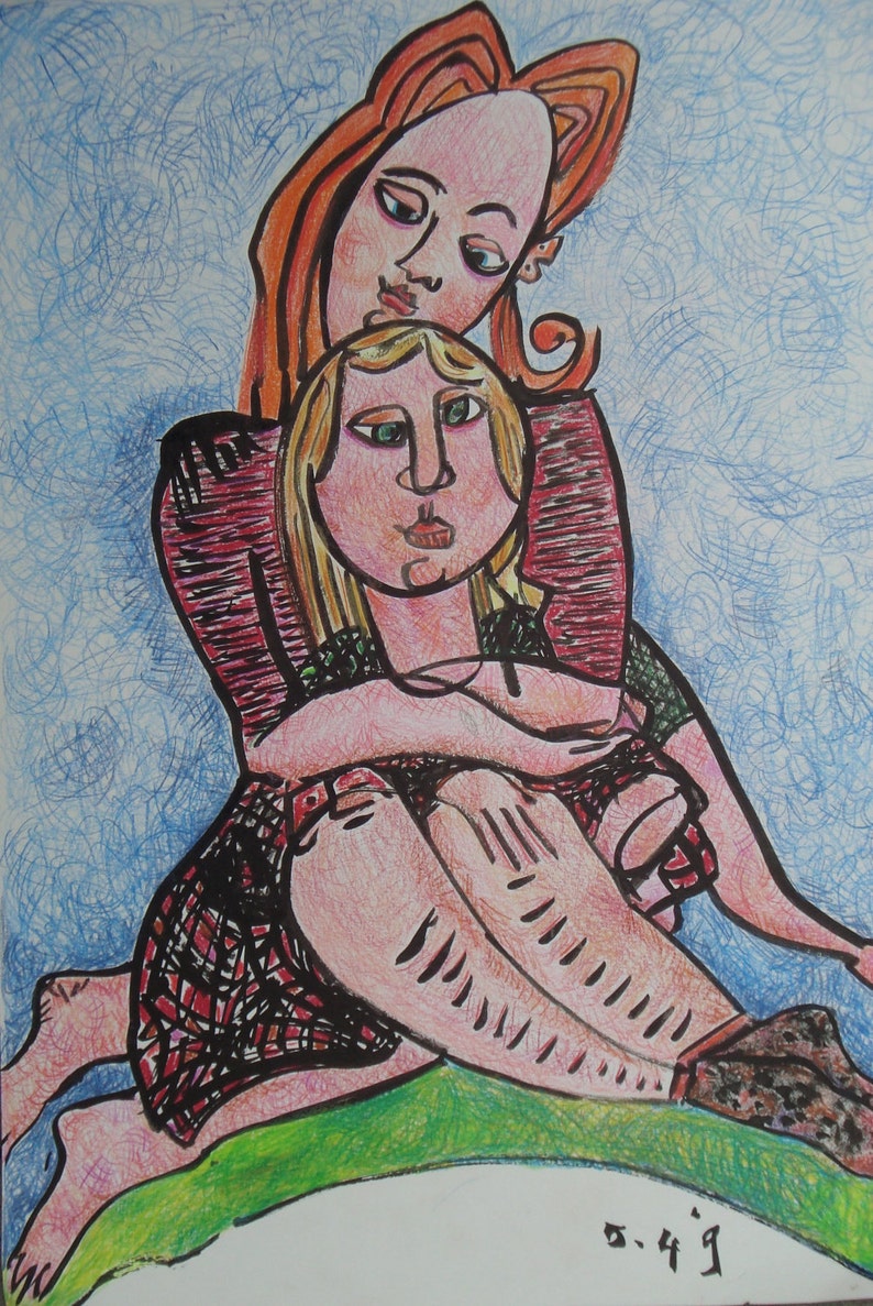 Wall Art Drawing Portait Of A Mother And Her Daughter Etsy