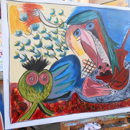 Big shops Wall Art Owl, Head, Violin painting on heavy paper, 100 x 70 cm, Acrylic on paper