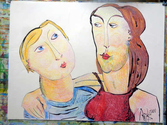 Wall Art Portrait Drawing Mother And Son Drawn Portrait Crayon Etsy
