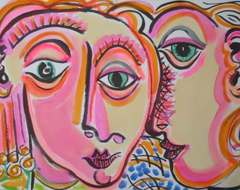 Wall Art original Handmade custom portrait ink drawing and gouache on paper Couple In Love Pink gouache A3 comes to you in a cupboard tube