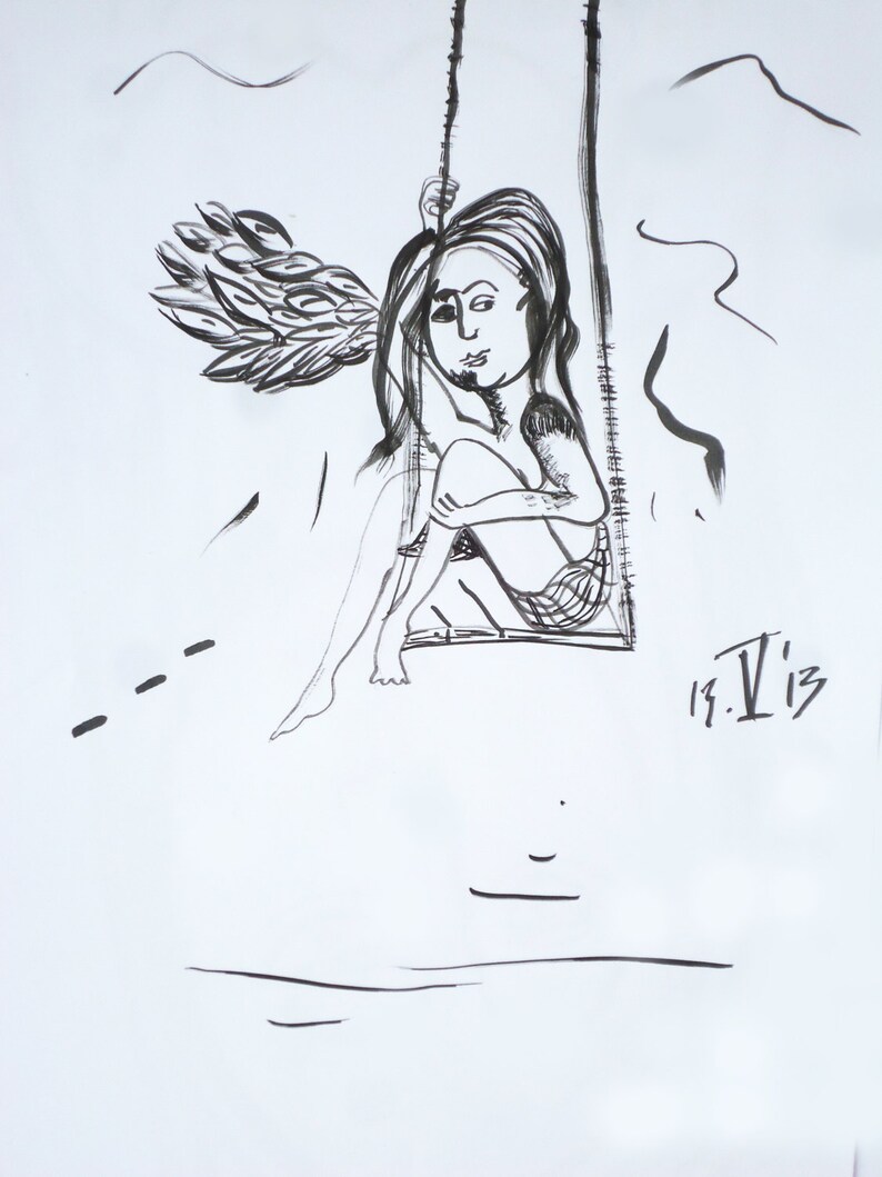 Wall Art Drawing Black And White Sweet Sixteen Original Ink Drawing Of A Girl Sitting On A Swing Balancing Pleasure On Paper 17 X 11 Inch