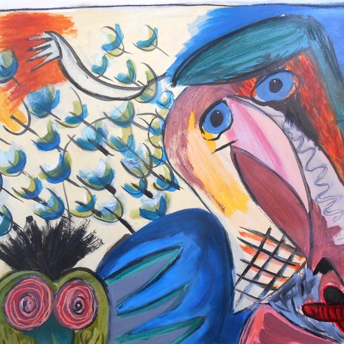 Big shops Wall Art Owl, Head, Violin painting on heavy paper, 100 x 70 cm, Acrylic on paper