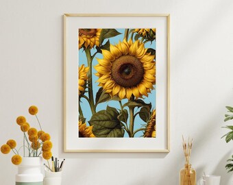 Impresión artística con detalle de cabeza de girasol, textura y sensación brillante, decoración inspirada en la naturaleza, alegre pieza de pared.