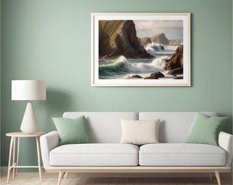 Arte en tonos tierra naturales, impresión de costa rocosa, foto de olas rompiendo, decoración de acantilados escarpados, póster de escena oceánica