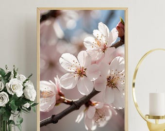Impresión artística de ramas de cerezo en flor, imagen de pétalos delicados, fotografía con fondo borroso, decoración de pared, arte natural, diseño floral