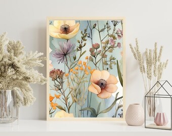 Ramo de flores silvestres en acuarela botánica, impresión artística en tonos pastel, decoración inspirada en la naturaleza, arte de pared, regalo