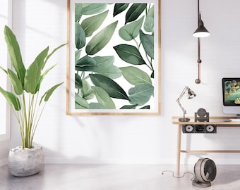Póster de arte botánico, hojas de color verde salvia, textura de acuarela, decoración estética de interiores, arte mural moderno.