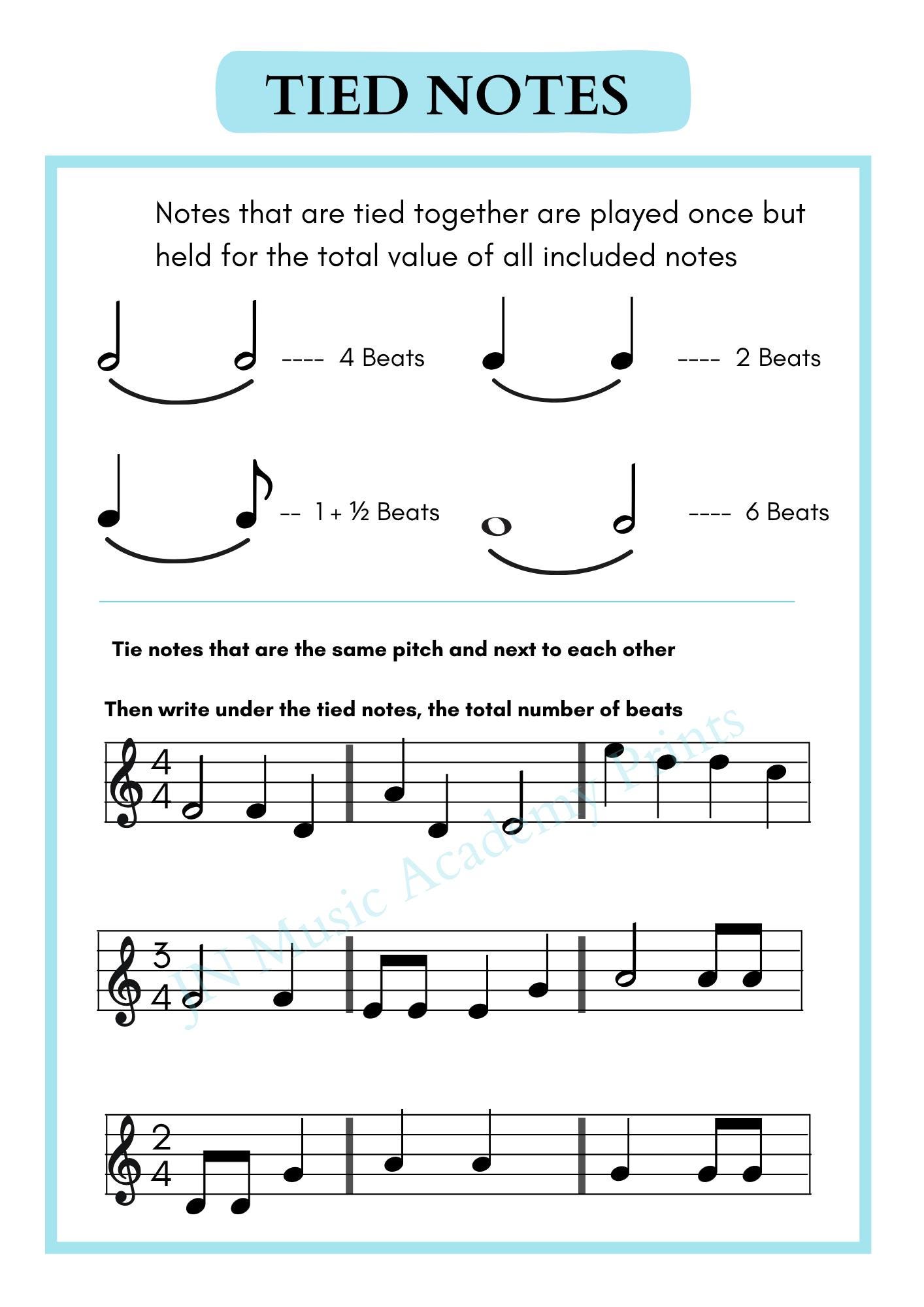 Tied Notes Worksheet | Music Theory Printable PDF | Rhythm Practice for ...
