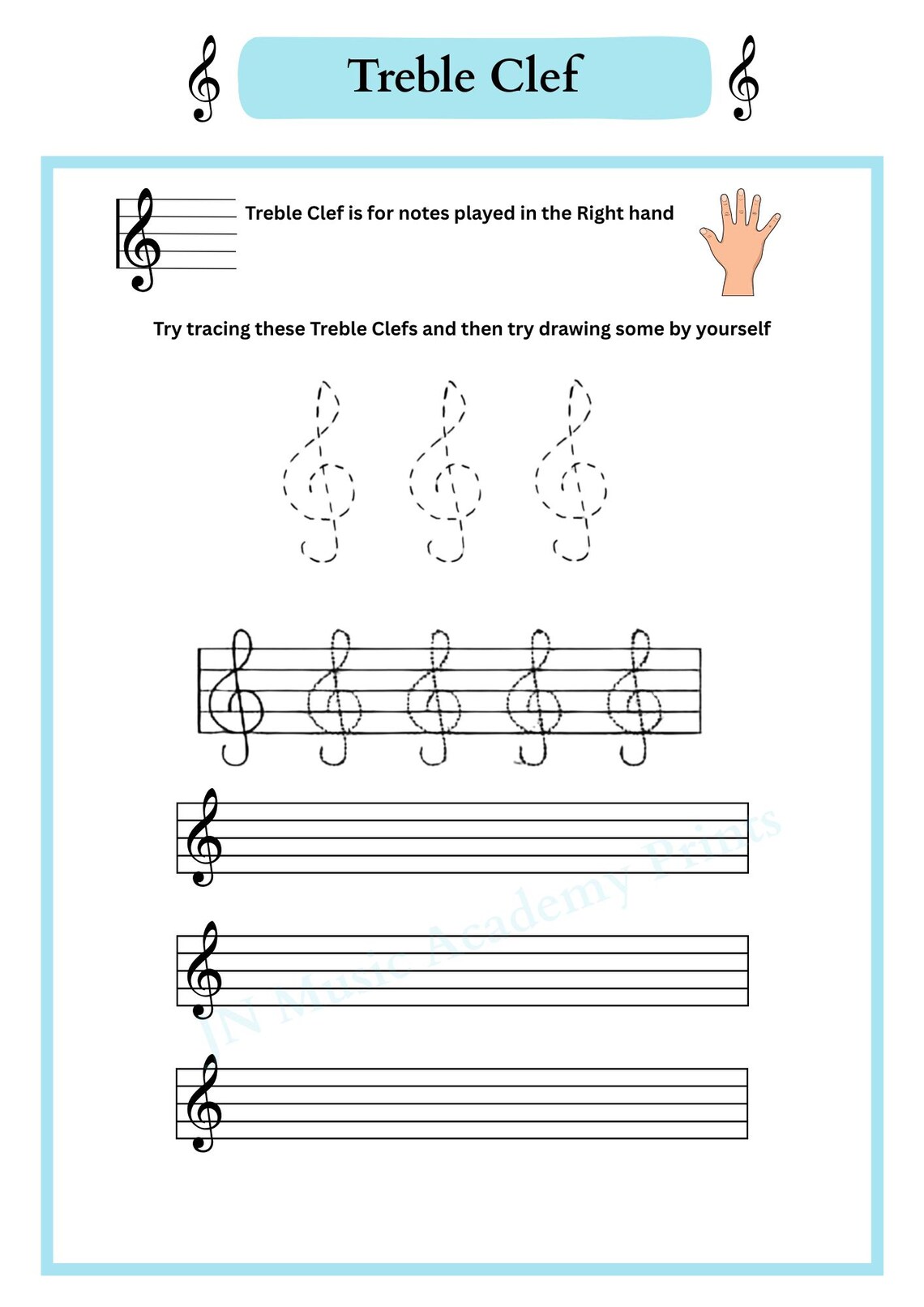 Treble Clef Worksheet With Traceable Clefs - Etsy