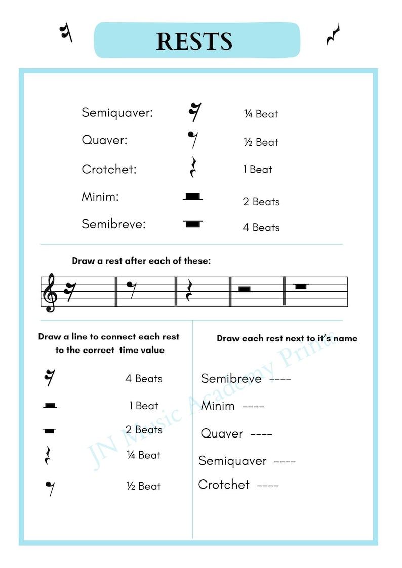 Music Theory Rests Worksheet | Beginner Rhythm Practice (digital ...
