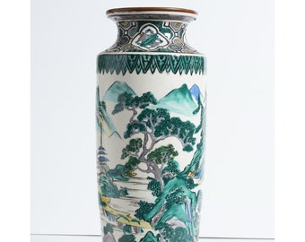 1800s Antique Japanese Kutani Porcelain Vase with landscape.