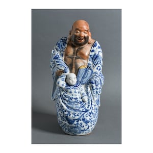 11&quot; Kutani Hotei Buddha with boy in sack. 1800s Japanese Blue White porcelain.