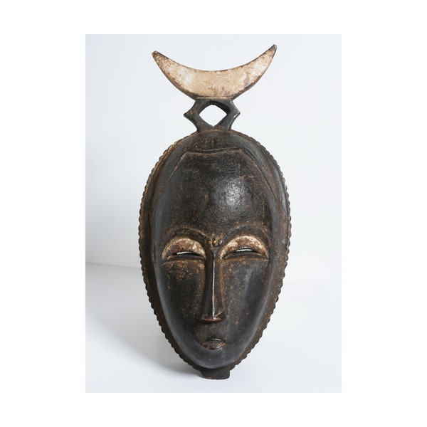 Vintage African Baoule crescent moon Mask, Kwa people, Ivory Coast