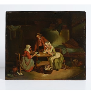 Pintura al óleo europea antigua del siglo XIX sobre hojalata, figura de un hombre, una mujer y un gato jugando a las cartas