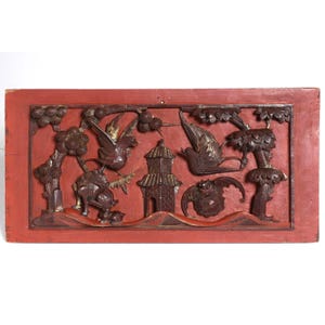 Antique 1800s Chinese carving Lacquered wooden Panel. Bat, Foo dog, Birds. 3D
