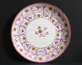 Staffordshire Strawberry Lusterware plate w Shreve Crump & Low, Boston sticker.