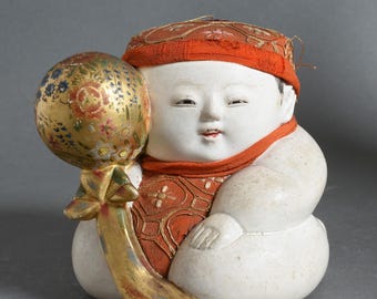 Antieke Japanse houtsnijwerk Gosho Ningyo, paleispop, eind Edo, vóór 1850. Gofun