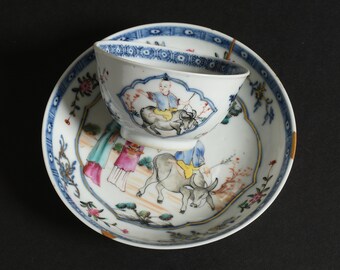 Boy on Ox Buffalo Chinese 1700s Yongzheng Porcelain Tea bowl and saucer.