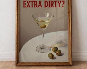 Vintage extra vuile martini kunst aan de muur, olijfcocktail stilleven poster, retro bar kar decor afdrukbare keukenkunst