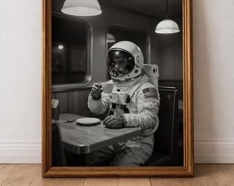 Black and White Astronaut Diner Wall Art, Surreal Retro Cafe Photo Poster, Space Coffee Printable Kitchen Bar Decor Download