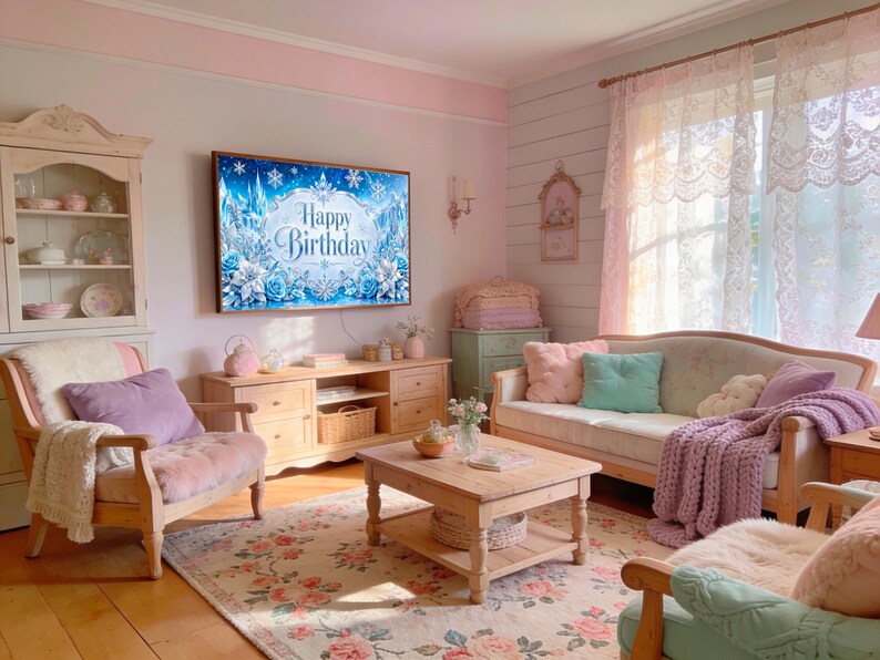 May include: A cozy living room with a floral rug, wooden furniture, and a TV displaying "Happy Birthday." The room features a sofa with pastel pillows and a chunky knit throw, creating a soft, inviting atmosphere. A cabinet and armchair add to the room's charm.