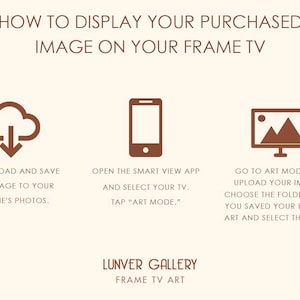 May include: A brown graphic with instructions for displaying an image on a Frame TV. The steps are to download the image, open the Smart View app, and go to Art Mode. The text "LUNVER GALLERY FRAME TV ART" is at the bottom of the image.