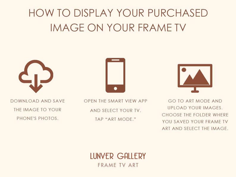 May include: A brown graphic with instructions for displaying an image on a Frame TV. The steps are to download the image, open the Smart View app, and go to Art Mode. The text "LUNVER GALLERY FRAME TV ART" is at the bottom of the image.
