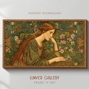 Puede incluir: Impresión artística digital enmarcada que presenta a una mujer con largo cabello castaño rojizo, vestida con un vestido verde, apoyando la barbilla en su mano. La obra tiene un fondo floral y botánico con flores rosas. Texto: "INSTANT DOWNLOAD" y "LUNVER GALLERY FRAME TV ART".