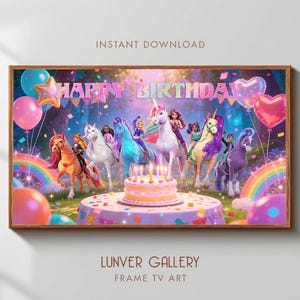 Puede incluir: Una impresión artística digital enmarcada que presenta una escena de cumpleaños con unicornios, un pastel y globos. Las palabras "Happy Birthday" se muestran encima de los unicornios. La impresión tiene un marco de madera y el texto "Instant Download" en la parte superior.