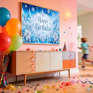 May include: A festive birthday scene with colorful balloons, confetti, and streamers. A wooden cabinet with a colorful design is beneath a framed "Happy Birthday" sign. Two children are running in the background, adding to the celebratory atmosphere.