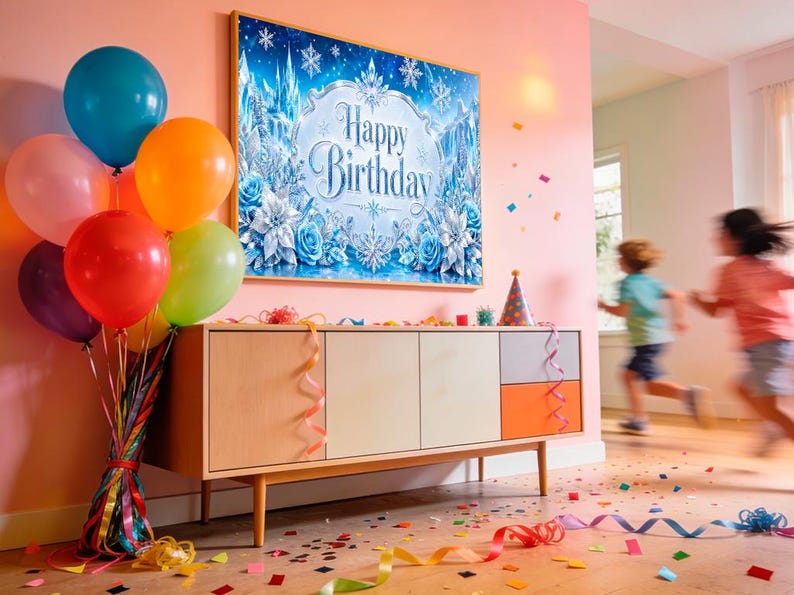 May include: A festive birthday scene with colorful balloons, confetti, and streamers. A wooden cabinet with a colorful design is beneath a framed "Happy Birthday" sign. Two children are running in the background, adding to the celebratory atmosphere.