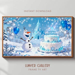 Puede incluir: Impresión digital enmarcada que representa una escena invernal con Olaf el muñeco de nieve, una tarta de cumpleaños y globos. La tarta tiene la inscripción "Happy Birthday". El fondo incluye un castillo y copos de nieve.