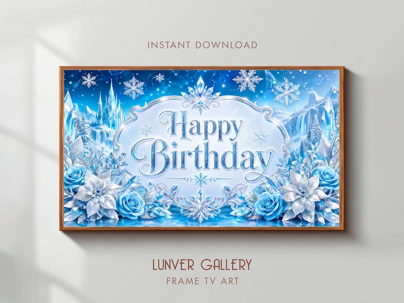May include: A framed digital art print with a winter theme. The artwork features a blue and white color scheme with the words "Happy Birthday" in elegant script. Decorative elements include snowflakes, roses, and a winter landscape.