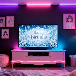 May include: A room with a large TV displaying a "Happy Birthday" message, surrounded by framed anime art. The room is decorated in shades of pink and blue, with a fluffy ottoman and a glowing LED strip along the TV stand.