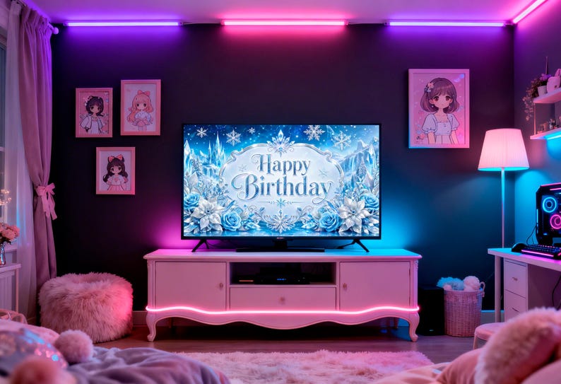 May include: A room with a large TV displaying a "Happy Birthday" message, surrounded by framed anime art. The room is decorated in shades of pink and blue, with a fluffy ottoman and a glowing LED strip along the TV stand.