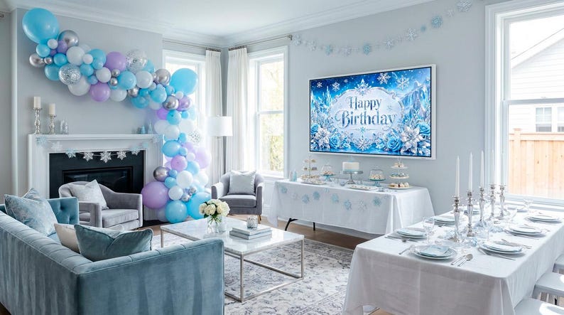 May include: A living room decorated for a birthday party with a blue and white theme. A large TV displays "Happy Birthday" in a wintery design. Balloons in shades of blue, silver, and purple adorn the room, along with a table set for a celebration.