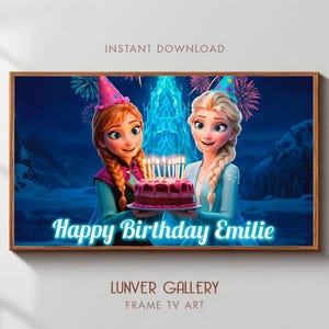 May include: Digital artwork showing two animated characters holding a birthday cake with lit candles. The image has the text "Happy Birthday Emilie" and is framed in a wooden border. The background is a blue, snowy landscape.