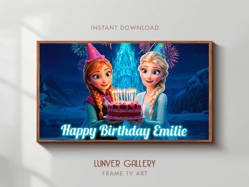 May include: Digital artwork showing two animated characters holding a birthday cake with lit candles. The image has the text "Happy Birthday Emilie" and is framed in a wooden border. The background is a blue, snowy landscape.