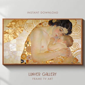 Puede incluir: Una impresión enmarcada de una madre y un niño en una paleta de colores cálidos, con detalles de pan de oro. La obra de arte presenta el texto "INSTANT DOWNLOAD" en la parte superior y "LUNVER GALLERY FRAME TV ART" en la parte inferior.