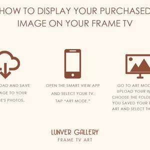 May include: A brown graphic with instructions on how to display an image on a Frame TV. The steps include downloading the image, opening the Smart View app, and going to Art Mode. The Lunver Gallery logo is at the bottom.