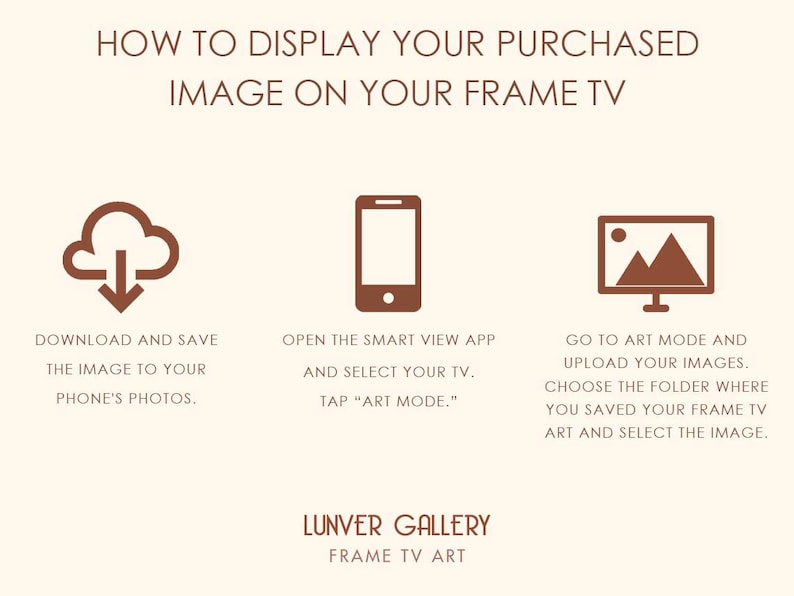May include: A brown graphic with instructions on how to display an image on a Frame TV. The steps include downloading the image, opening the Smart View app, and going to Art Mode. The Lunver Gallery logo is at the bottom.