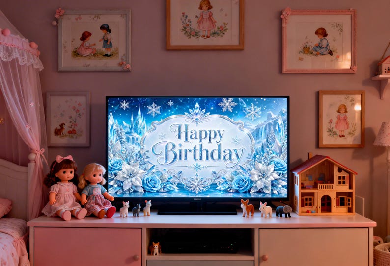 May include: A television screen displays a "Happy Birthday" message with a winter theme, surrounded by blue and white floral designs and snowflakes. The TV sits on a pink and white cabinet, with dolls and miniature figurines.