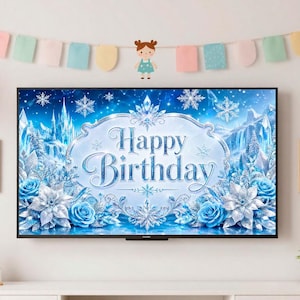 May include: A large blue banner with the words "Happy Birthday" in a decorative font. The banner features a winter wonderland theme with snowflakes, a castle, and floral accents. A festive decoration for a birthday party.