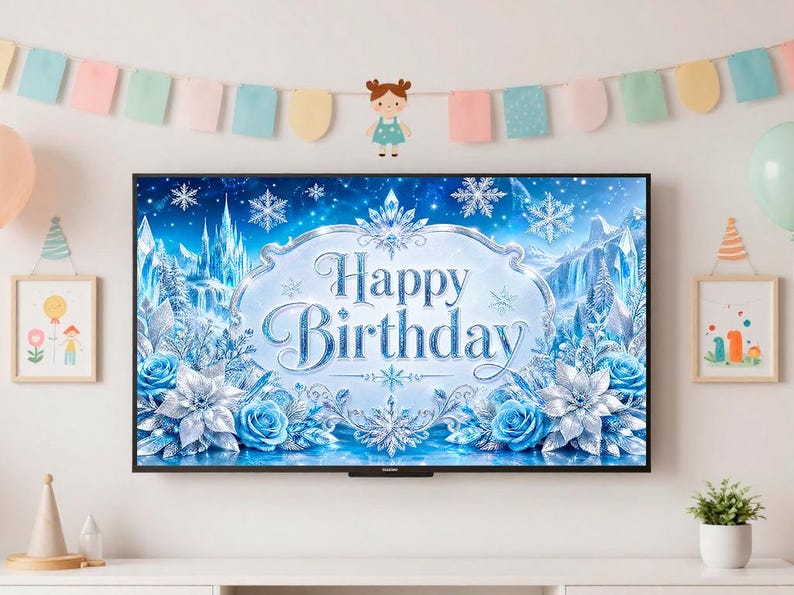 May include: A large blue banner with the words "Happy Birthday" in a decorative font. The banner features a winter wonderland theme with snowflakes, a castle, and floral accents. A festive decoration for a birthday party.