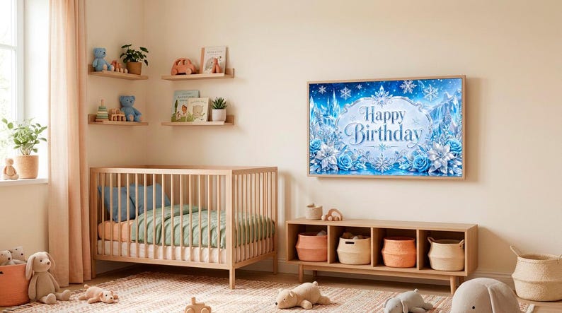 May include: A nursery with a wooden crib, shelves with toys, and a TV displaying a "Happy Birthday" message. The room has a neutral color scheme with a rug and various decorative items.