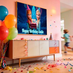 Custom Birthday Frame TV banner | Elsa and Anna from Disney Frozen | Happy Birthday Personalized Digital Art image 3