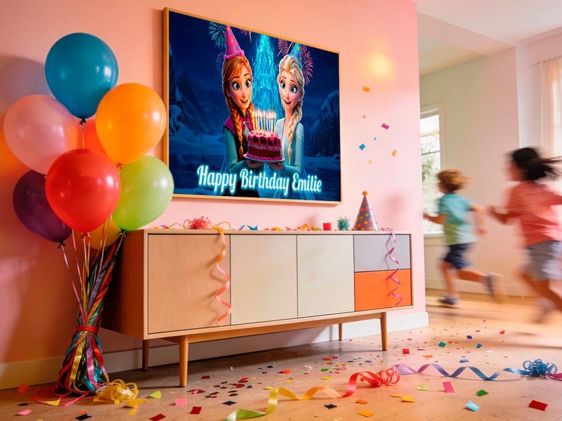 Custom Birthday Frame TV banner | Elsa and Anna from Disney Frozen | Happy Birthday Personalized Digital Art image 3