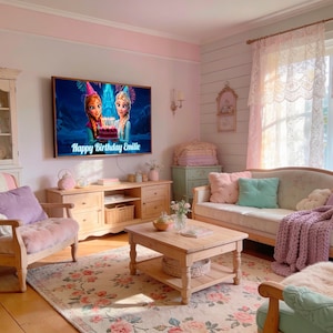 Custom Birthday Frame TV banner | Elsa and Anna from Disney Frozen | Happy Birthday Personalized Digital Art image 4