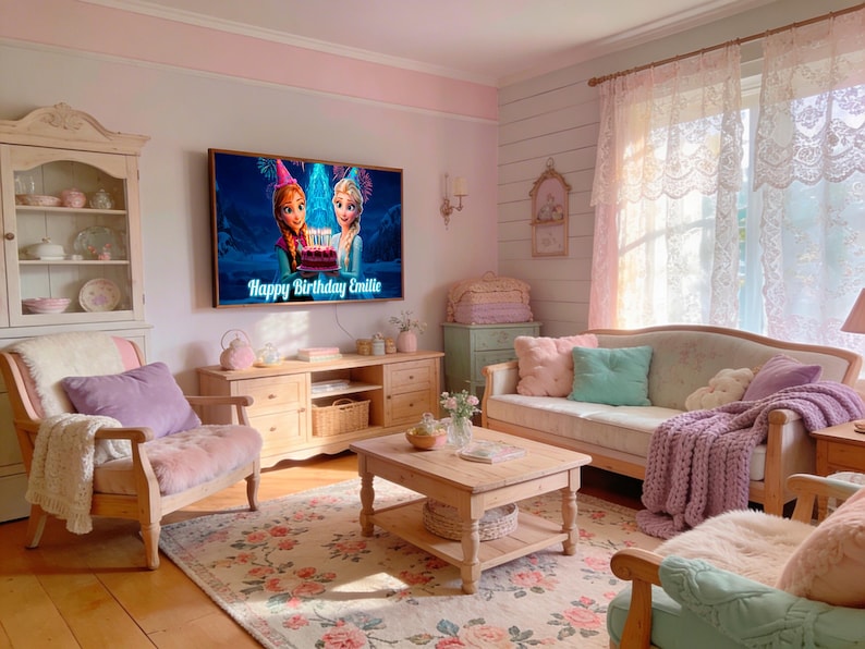 Custom Birthday Frame TV banner | Elsa and Anna from Disney Frozen | Happy Birthday Personalized Digital Art image 4